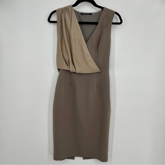 Black Halo Dresses & Skirts - Black Halo Nude Tan Cowl Neck Sleeveless Mini Sheath Dress Draped Size 2 Bodycon